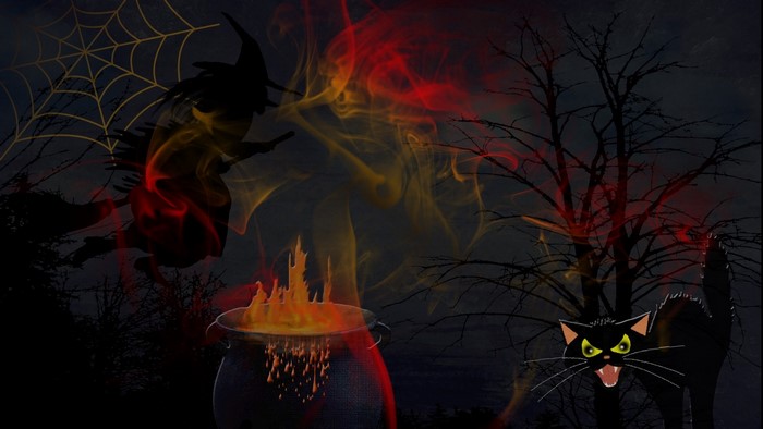 Halloween Witch Flying Over Cauldron with Black Cat