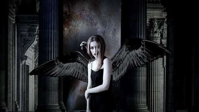 Angel with black wings and a bird on her shoulder