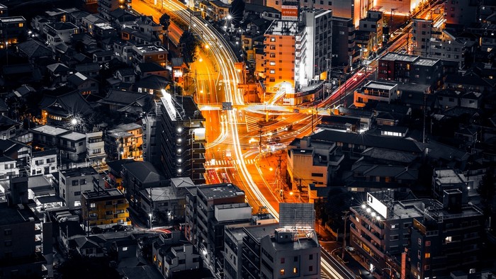 Nighttime Cityscape with Light Trails in Tokyo