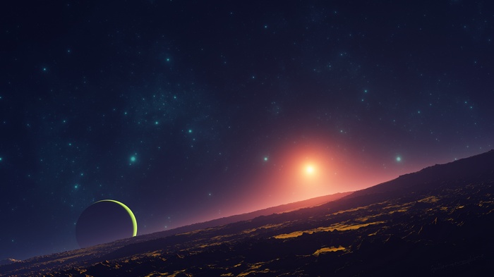Alien planet landscape with a sun and a moon