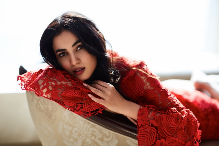 Sonal Chauhan in a red lace dress
