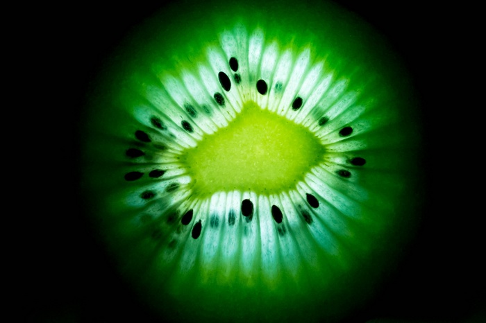 Close-up of a backlit kiwi fruit slice