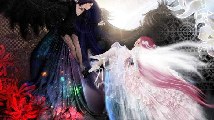 Two fantasy angels, one dark and one light