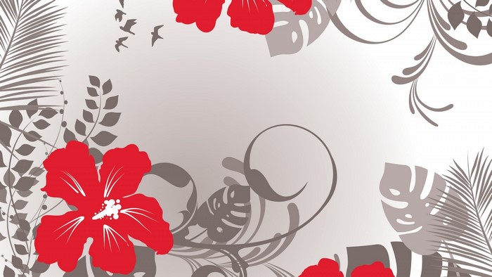 Red hibiscus flowers and tropical leaves vector graphic