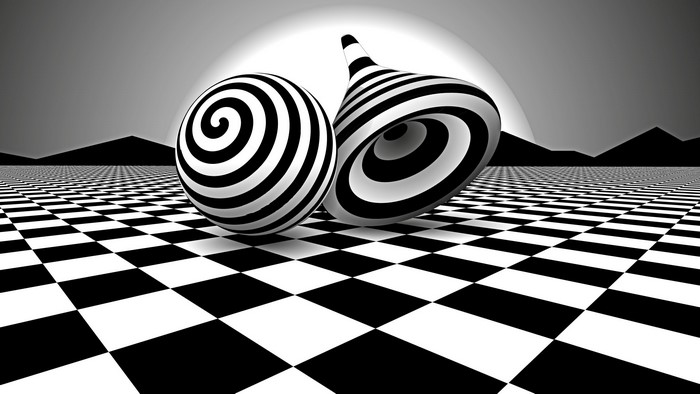Optical illusion sphere and top on checkerboard floor