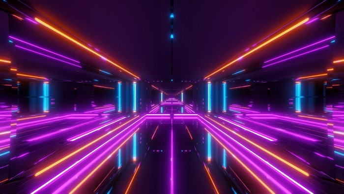 Futuristic Neon Tunnel with Orange and Purple Lights