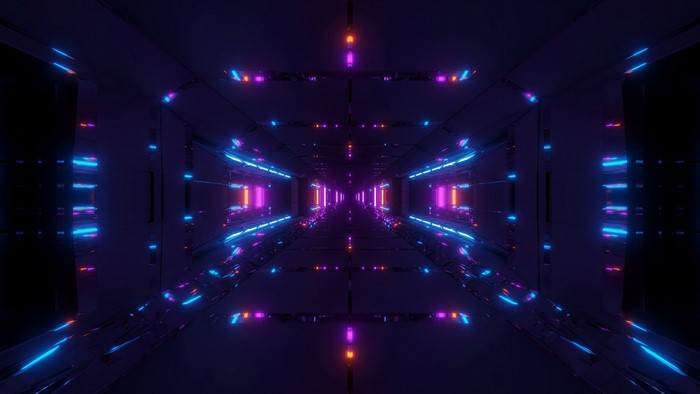 Futuristic neon tunnel with blue and purple lights