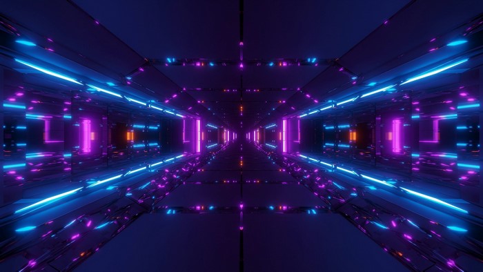 Futuristic neon tunnel with blue and purple lights