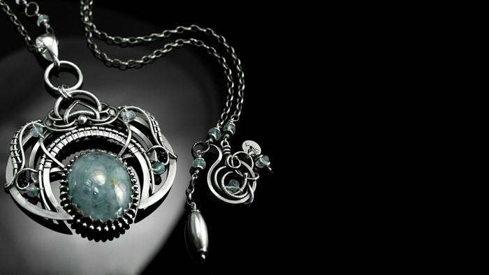Ornate Silver Pendant Necklace with Aquamarine Gemstone