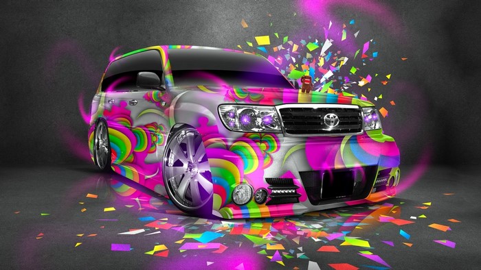 Toyota Land Cruiser with psychedelic art and confetti
