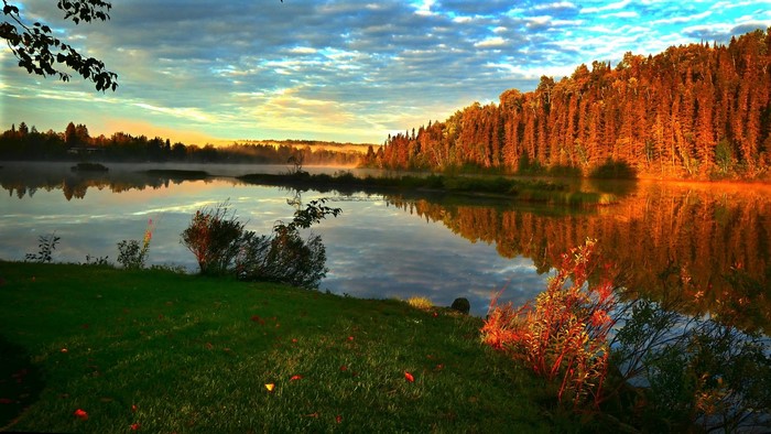 Sunrise over a misty lake with autumn trees