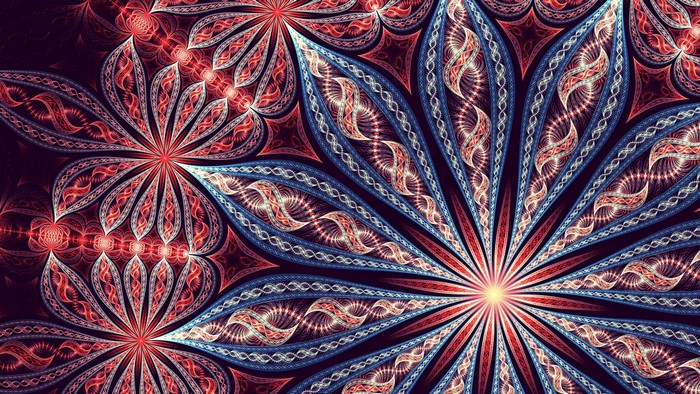 Fractal art with red and blue floral patterns