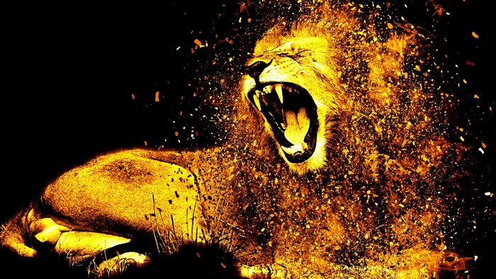 Lion exploding into golden particles