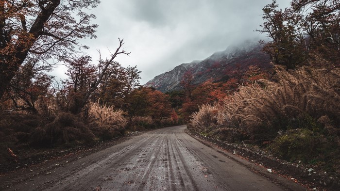 Dirt road through autumn forest with mountains