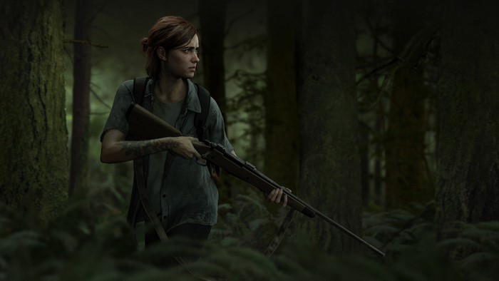 Ellie from The Last of Us Part II with a rifle