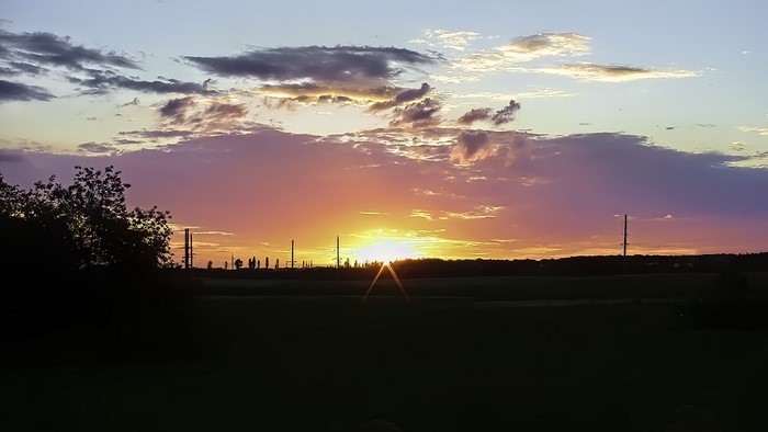 Sunset over a field with power lines