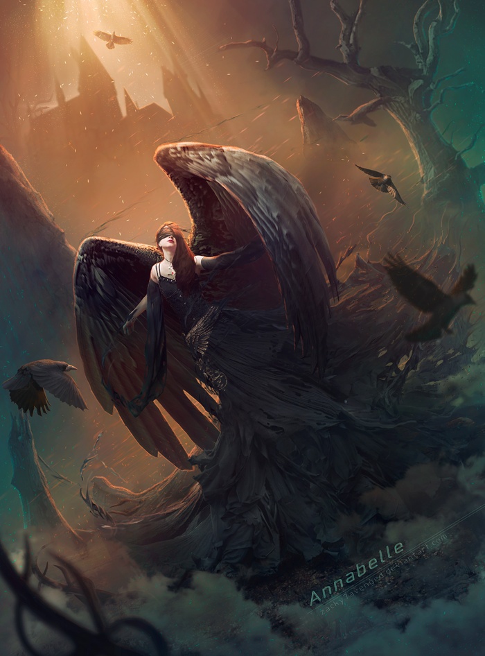 Angel with blindfold and dark wings