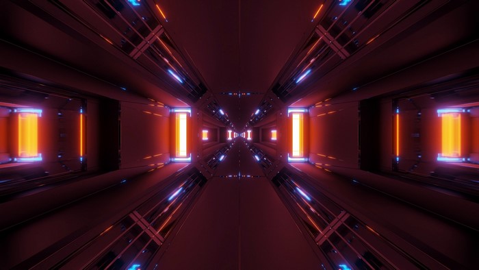 Futuristic Sci-Fi Corridor with Orange and Blue Lights