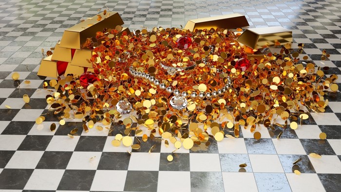 Gold bars, coins, and jewelry on a checkered floor