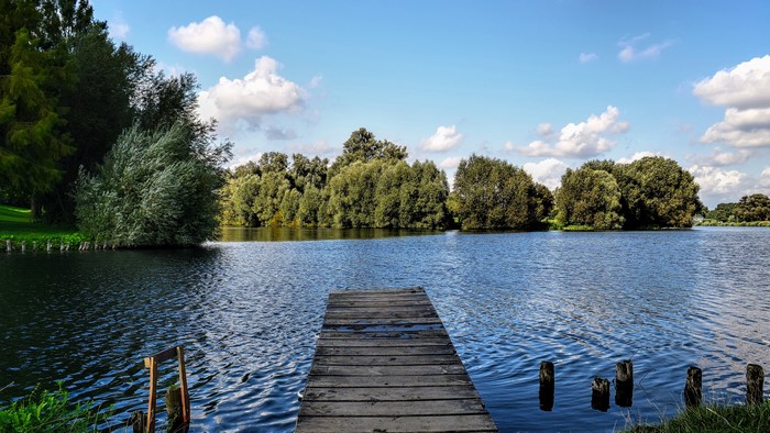 4K Landscape with Wooden Pier on Lake