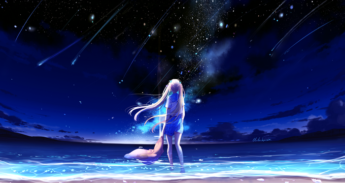Anime girl, Beach, Night, Sea, Blue, 4K