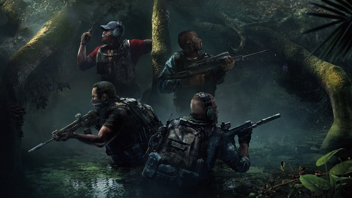 Four soldiers in a swampy jungle environment