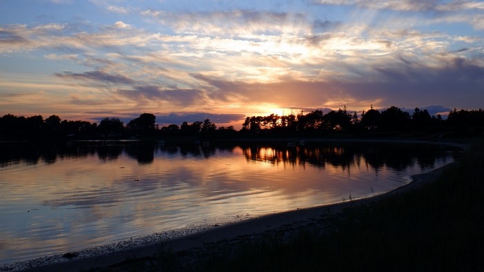 Sunset over a lake with silhouetted trees