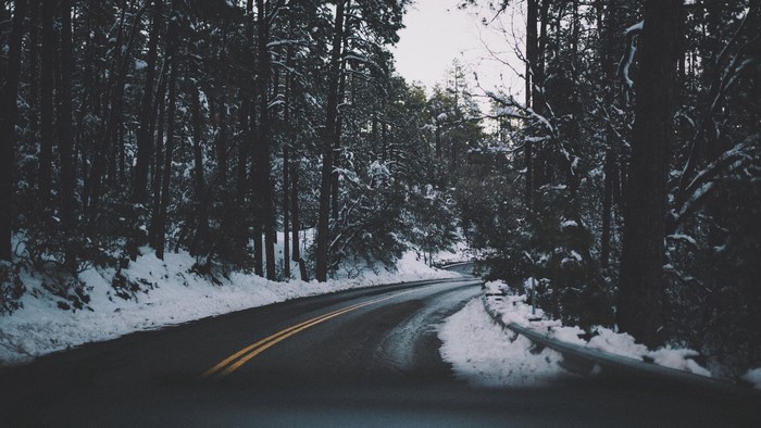 Winding road through a snowy forest