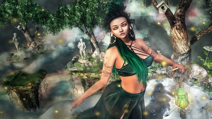 3D girl in a fantasy forest with floating islands