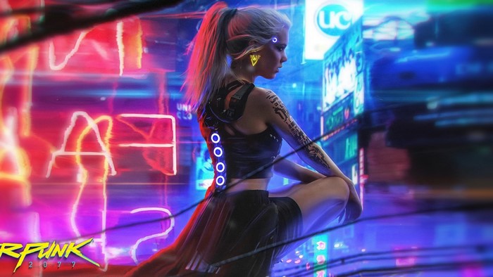 Woman from Cyberpunk 2077 in neon city