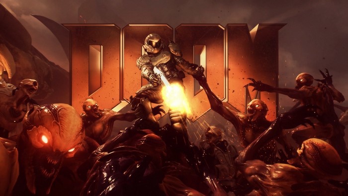 DOOM video game cover art with demons and space marine