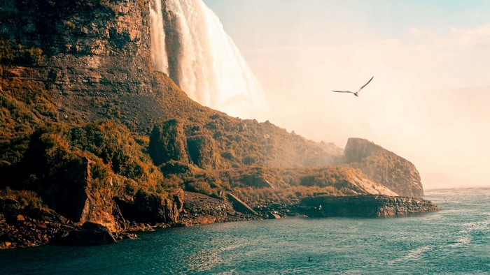 Waterfall cascading over a rocky cliff into the ocean with a bird flying