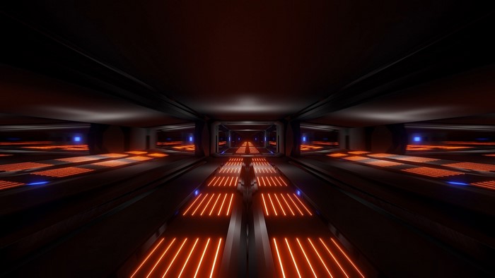 Futuristic orange and blue glowing corridor