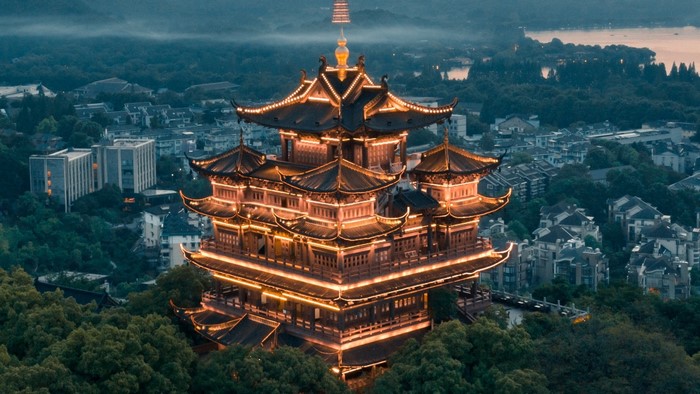 Illuminated Chinese Temple at Dusk