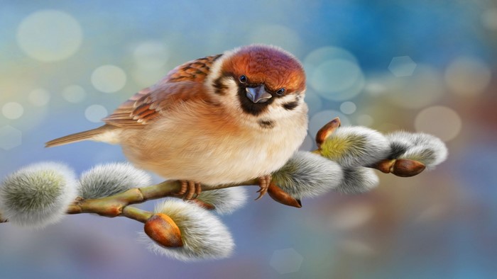 Sparrow on a branch with pussy willows