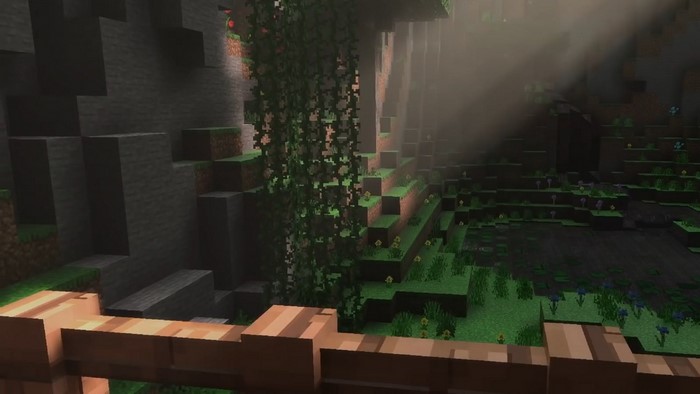 Minecraft RTX cave with hanging vines and light rays