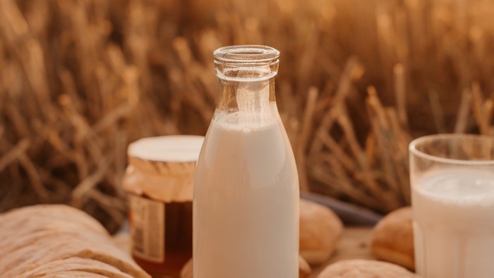 Milk in a bottle with bread and honey