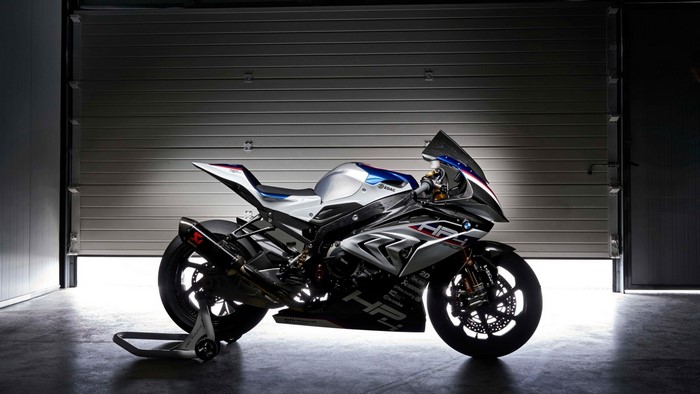 BMW HP4 motorcycle in a garage