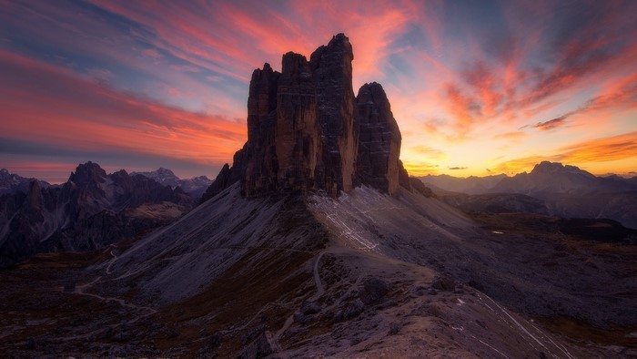 Tre Cime di Lavaredo at sunset, Dolomites