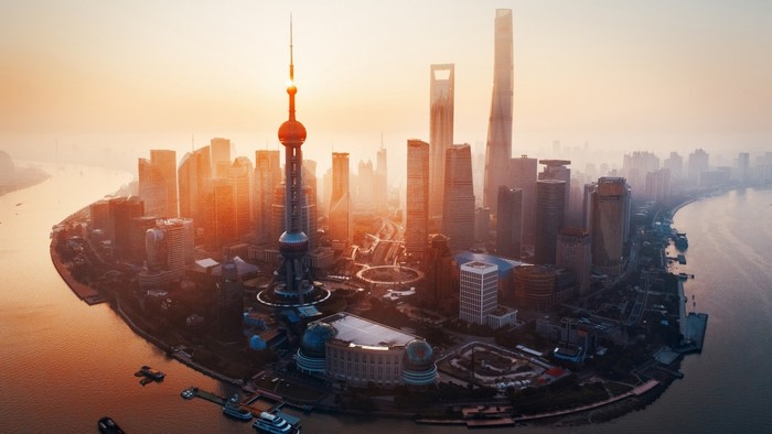 Shanghai skyline with Oriental Pearl Tower at sunrise