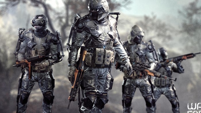 Soldiers in futuristic armor with weapons