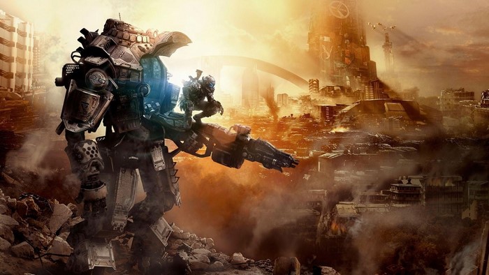 Titanfall 2 robot with pilot in destroyed city