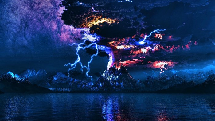 Volcano erupting with lightning over a lake