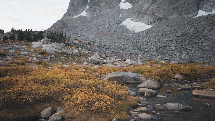 Rocky mountain landscape with yellow bushes and a stream