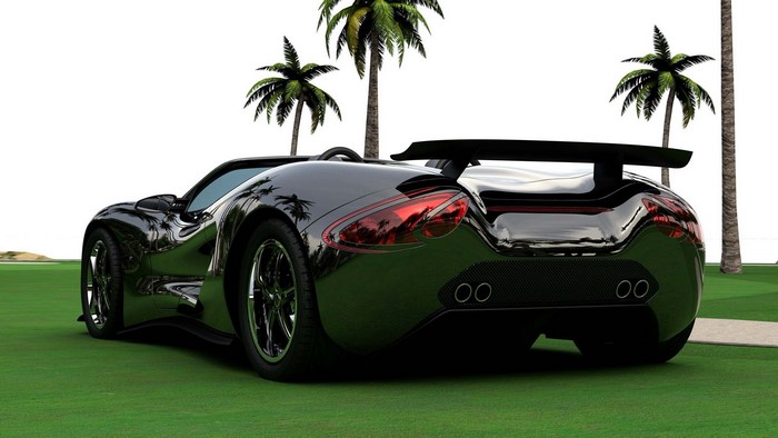 Black sports car on a golf course with palm trees