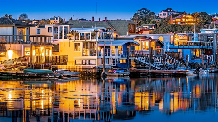 Houseboats on a canal in Sausalito, USA