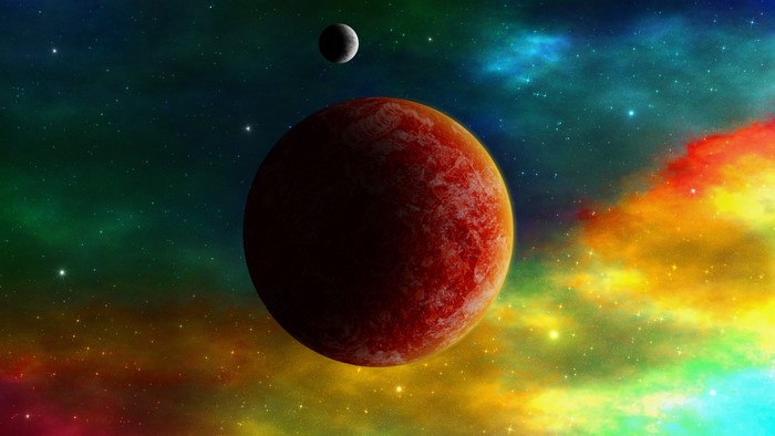 Red planet and moon in colorful nebula