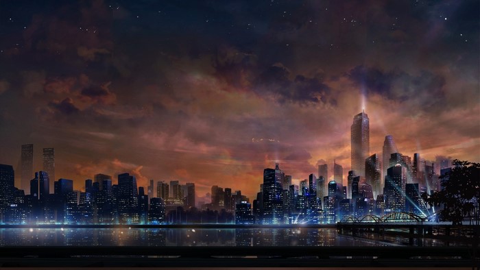 Evening city skyline with reflection