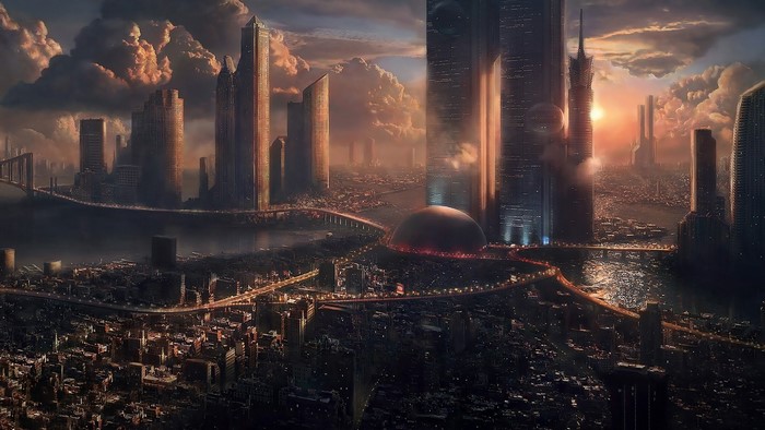 Cyberpunk city skyline at sunset with futuristic architecture