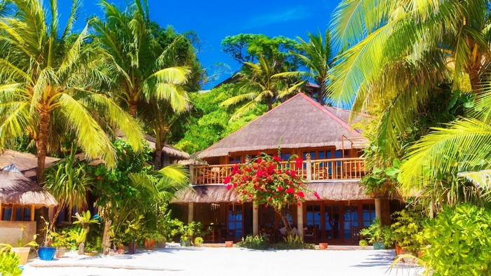 Tropical resort with palm trees and thatched roofs